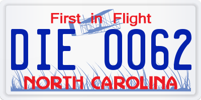 NC license plate DIE0062