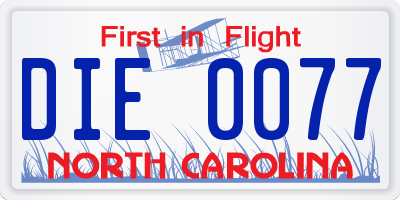 NC license plate DIE0077