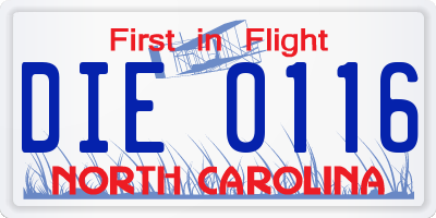 NC license plate DIE0116