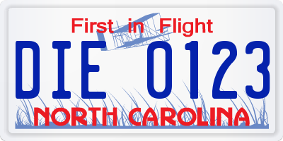 NC license plate DIE0123