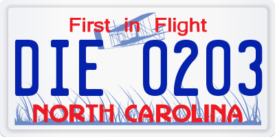 NC license plate DIE0203