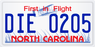 NC license plate DIE0205