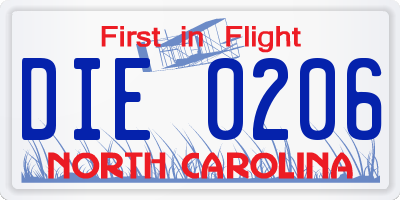 NC license plate DIE0206