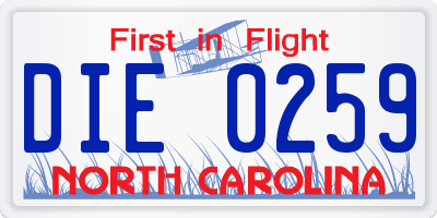 NC license plate DIE0259