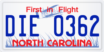 NC license plate DIE0362