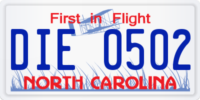NC license plate DIE0502