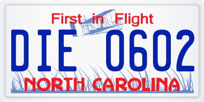 NC license plate DIE0602