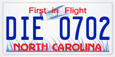 NC license plate DIE0702