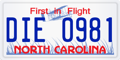 NC license plate DIE0981