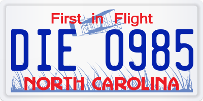 NC license plate DIE0985