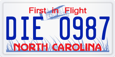 NC license plate DIE0987