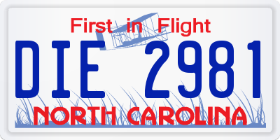 NC license plate DIE2981