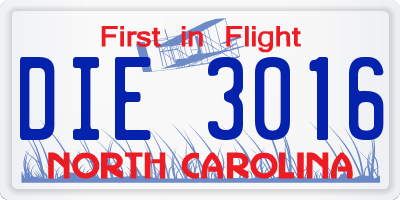 NC license plate DIE3016