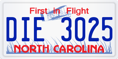 NC license plate DIE3025