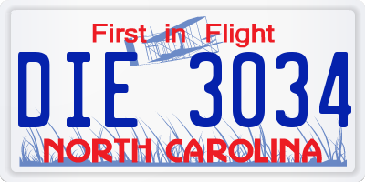 NC license plate DIE3034