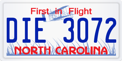 NC license plate DIE3072