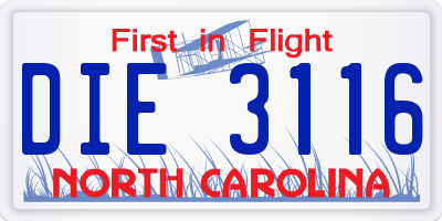 NC license plate DIE3116