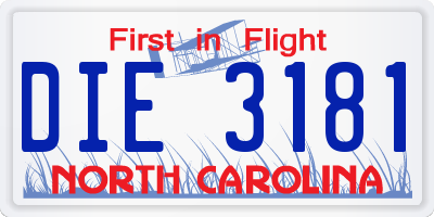 NC license plate DIE3181