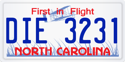 NC license plate DIE3231