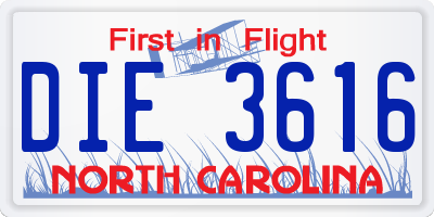 NC license plate DIE3616