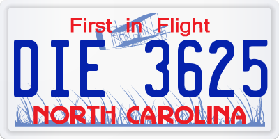 NC license plate DIE3625