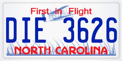 NC license plate DIE3626