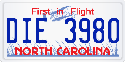 NC license plate DIE3980