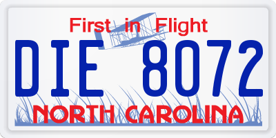 NC license plate DIE8072