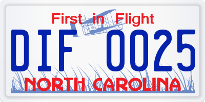NC license plate DIF0025