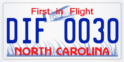 NC license plate DIF0030