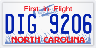 NC license plate DIG9206