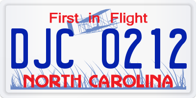 NC license plate DJC0212
