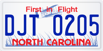 NC license plate DJT0205