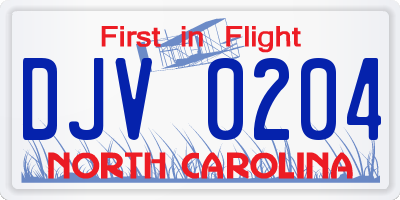 NC license plate DJV0204