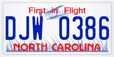 NC license plate DJW0386