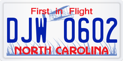 NC license plate DJW0602
