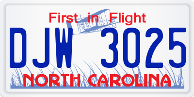 NC license plate DJW3025