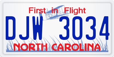NC license plate DJW3034