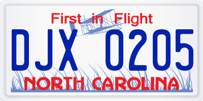 NC license plate DJX0205