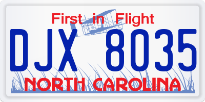 NC license plate DJX8035