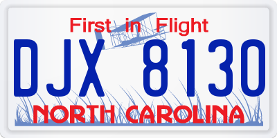 NC license plate DJX8130