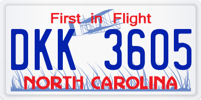 NC license plate DKK3605