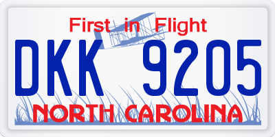 NC license plate DKK9205