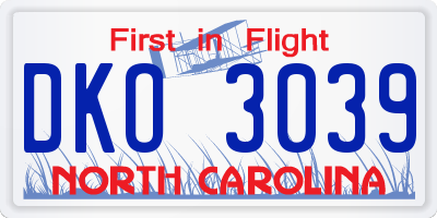 NC license plate DKO3039