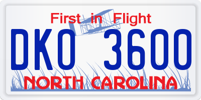 NC license plate DKO3600