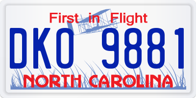 NC license plate DKO9881