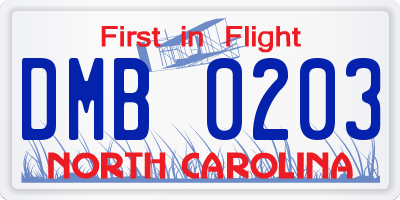 NC license plate DMB0203