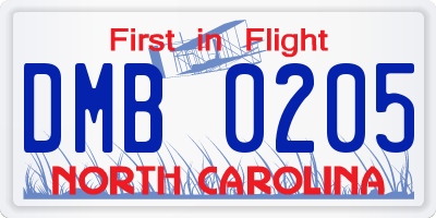 NC license plate DMB0205