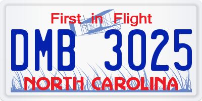 NC license plate DMB3025