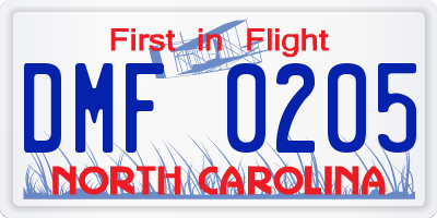 NC license plate DMF0205